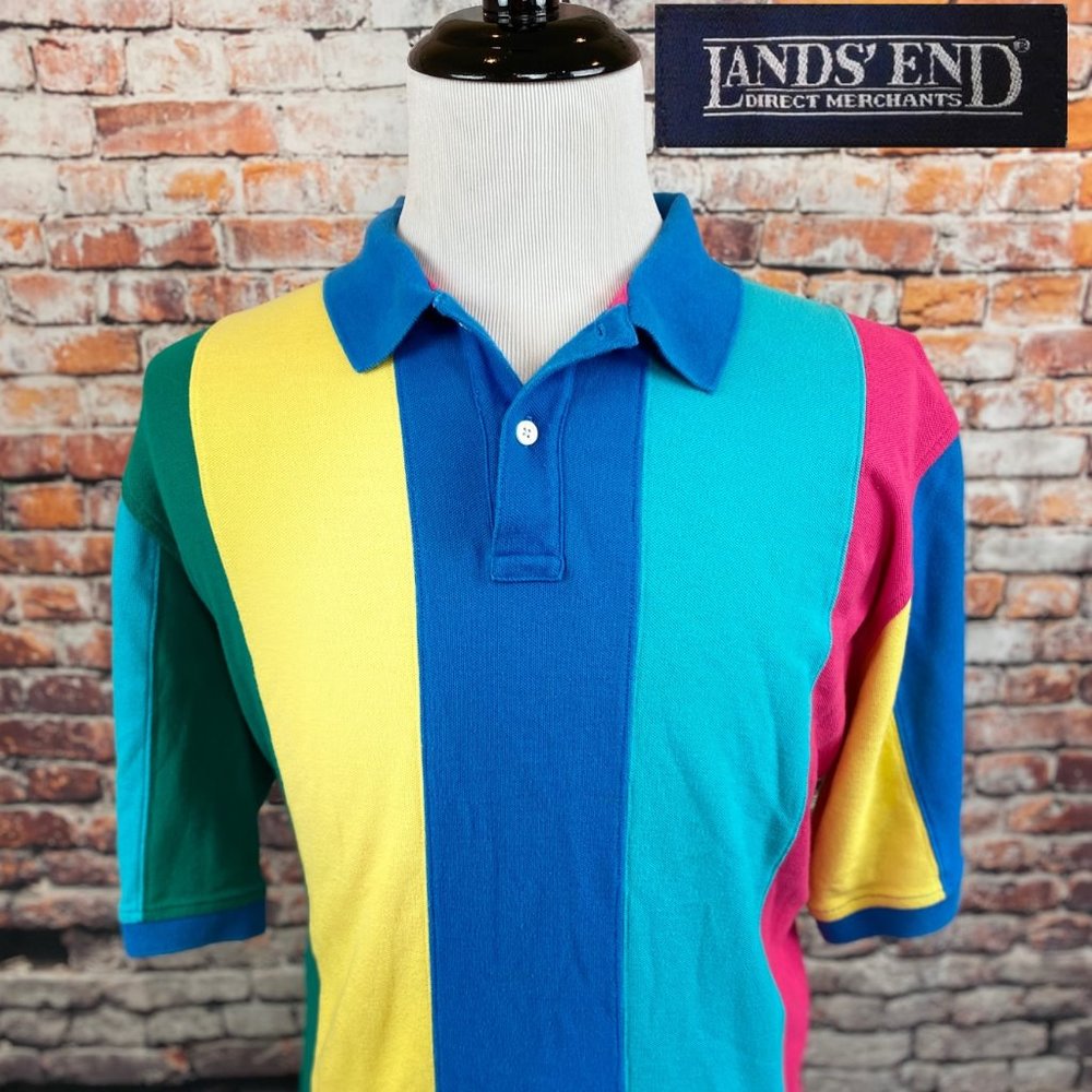 Lands End Blue Yellow Pink Green Colorblock Polo
